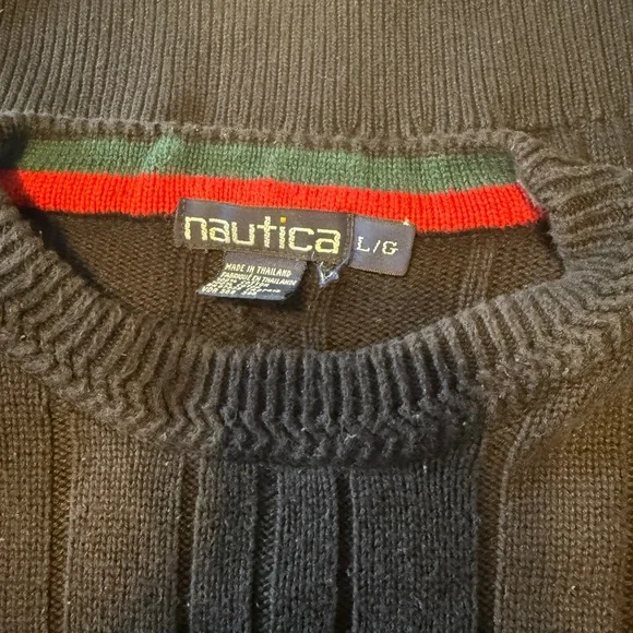 Vintage Nautica Cable Knit Sweater L Black 100% Cotton 90s Logo Crewneck - Picture 8 of 13